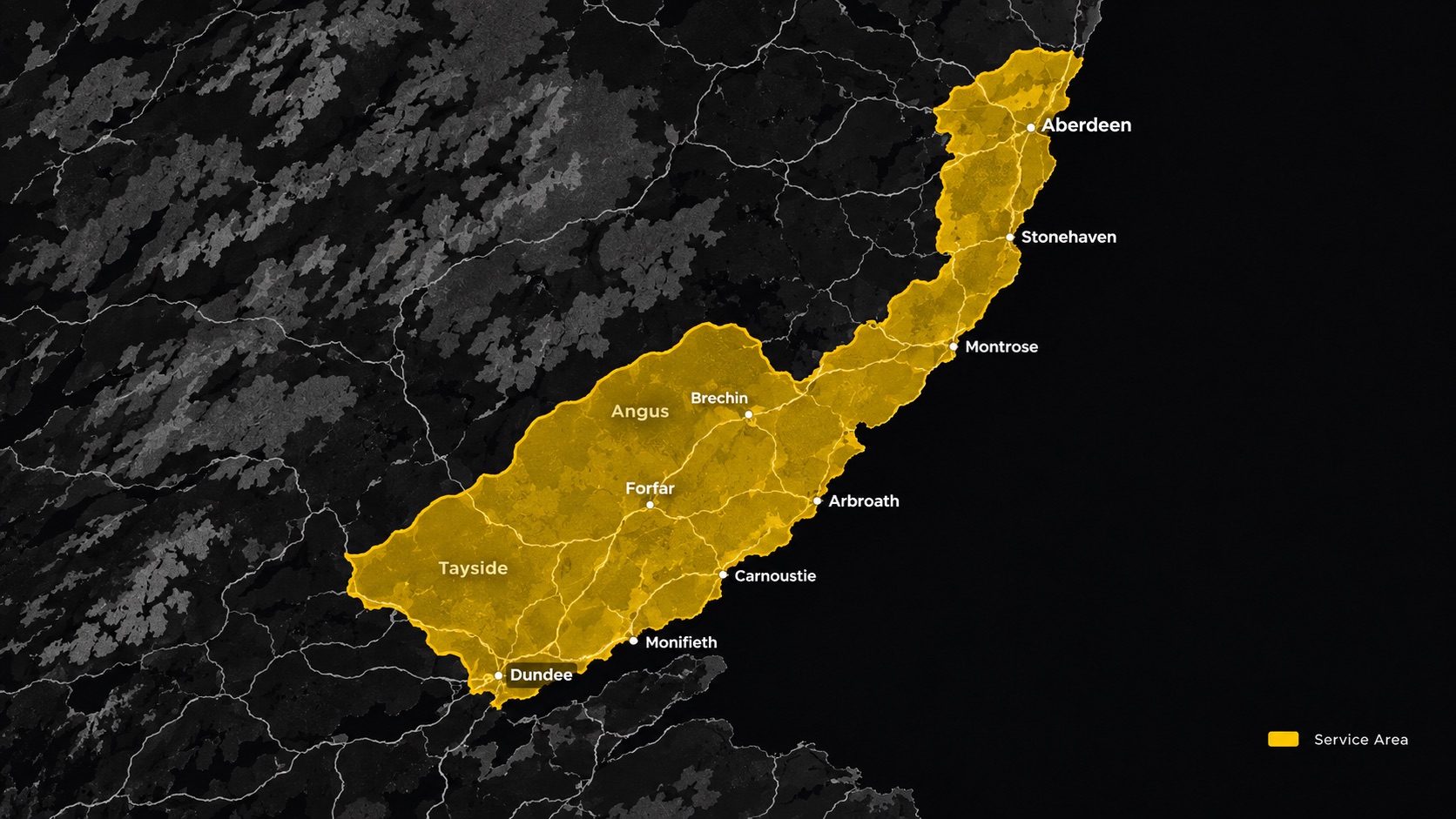 Map of the east coast of Scotland showing 360 Contracts' service area from Dundee and Arbroath up to Aberdeen